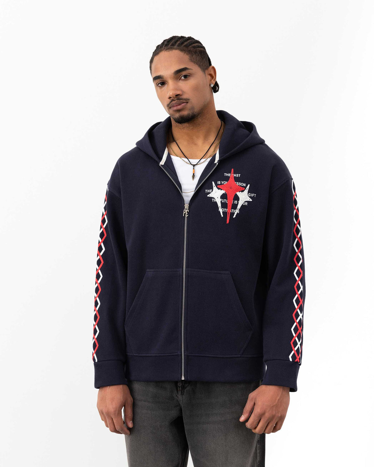 Star Embellished Zip-Up Sweatshirt Navy Blue