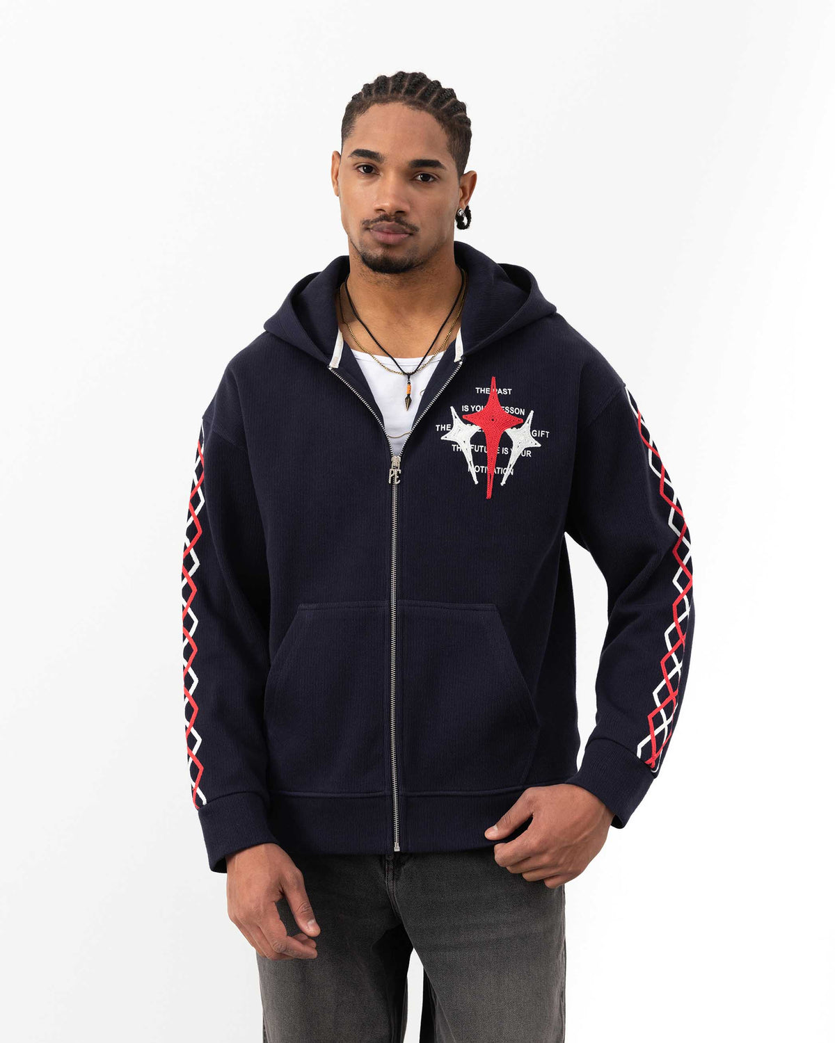 Star Embellished Zip-Up Sweatshirt Navy Blue