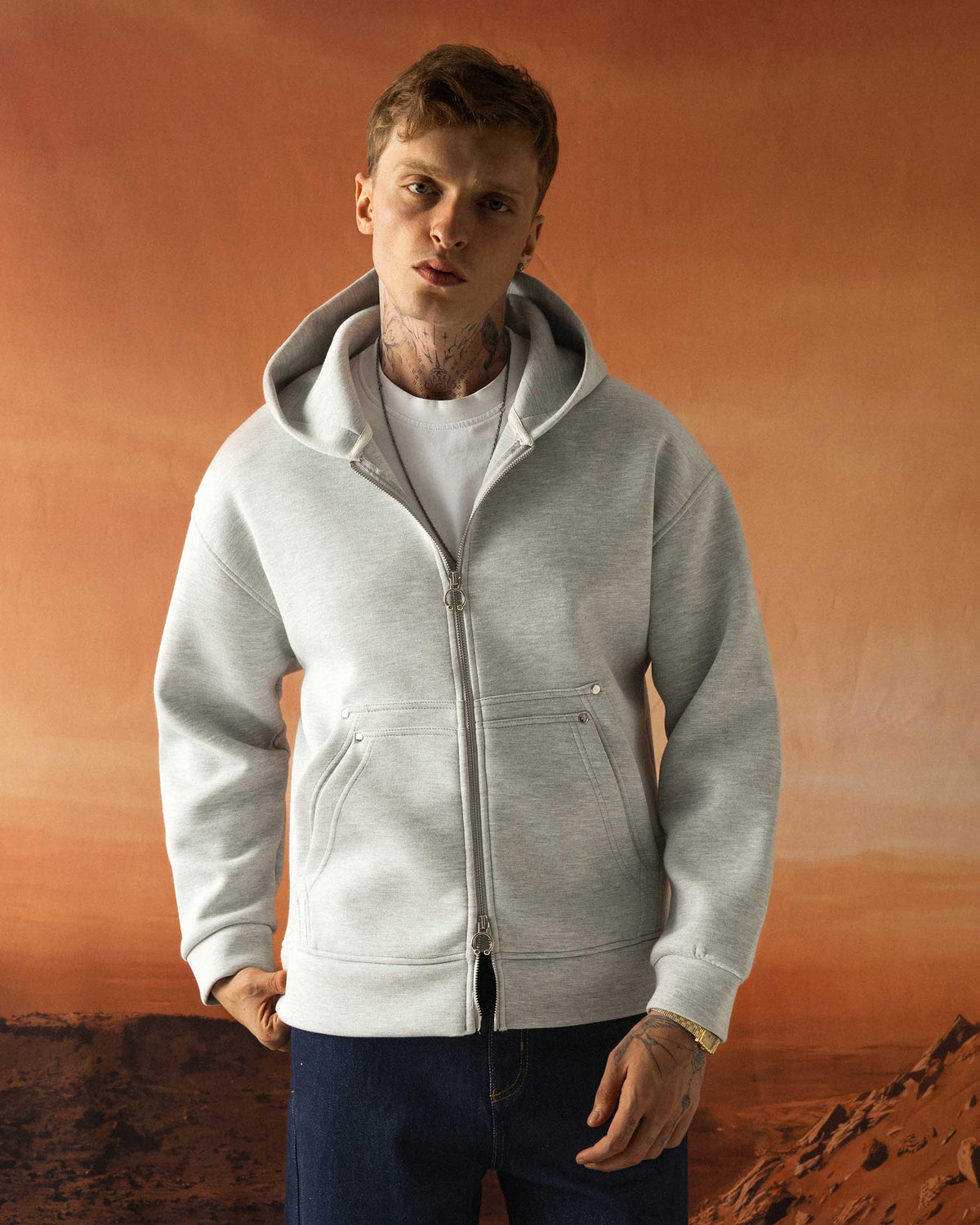 Çift Cepli Scuba Hoodie Gri - PD-9209