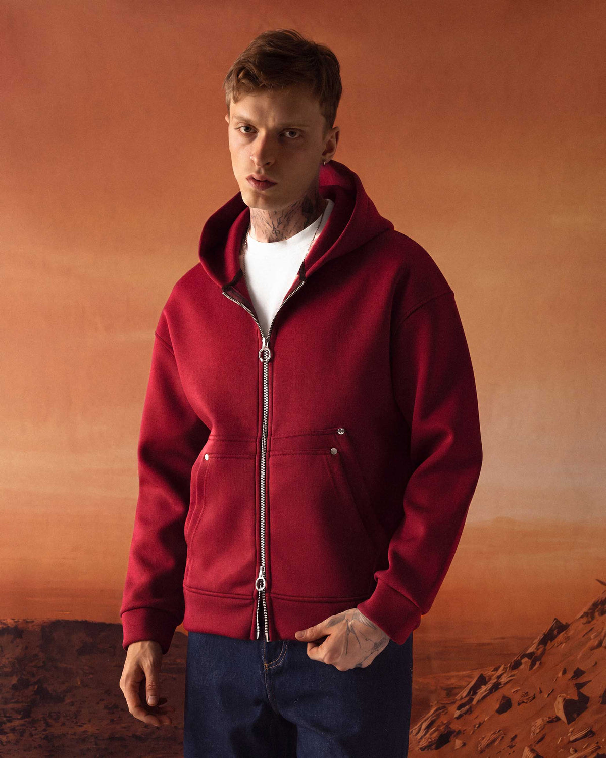 Çift Cepli Scuba Hoodie Kırmızı - PD-9209