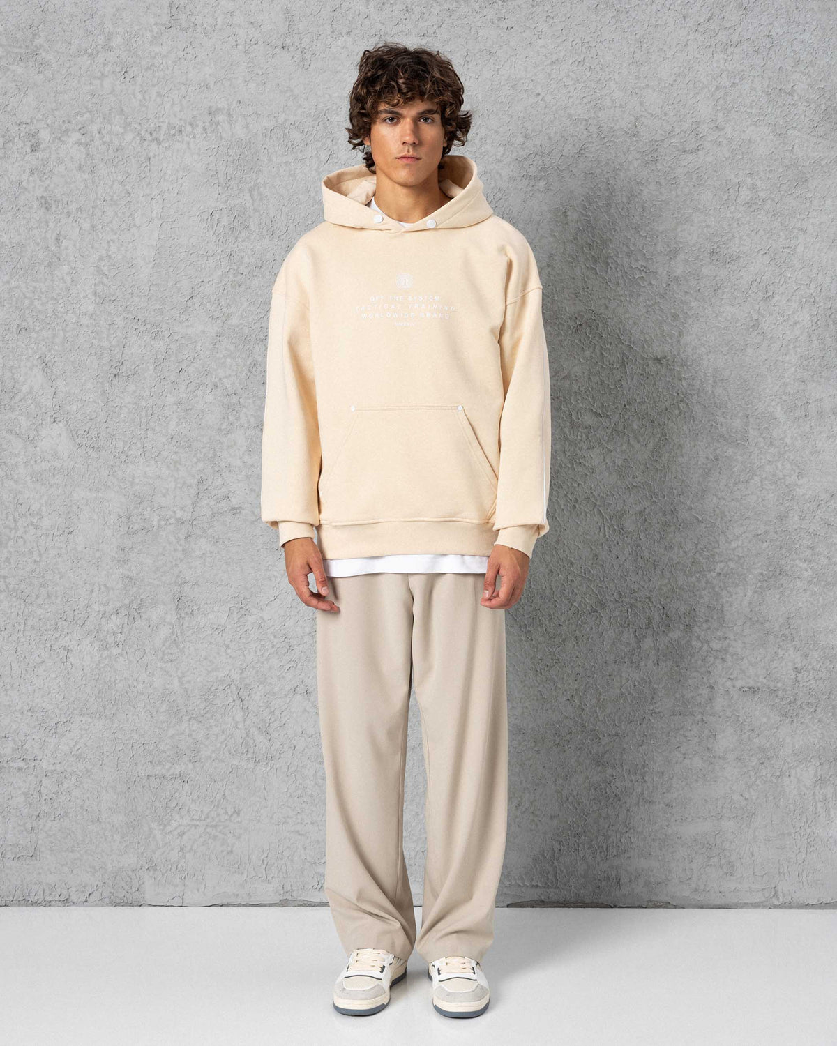 Snap-Button Trimmed Hoodie Beige