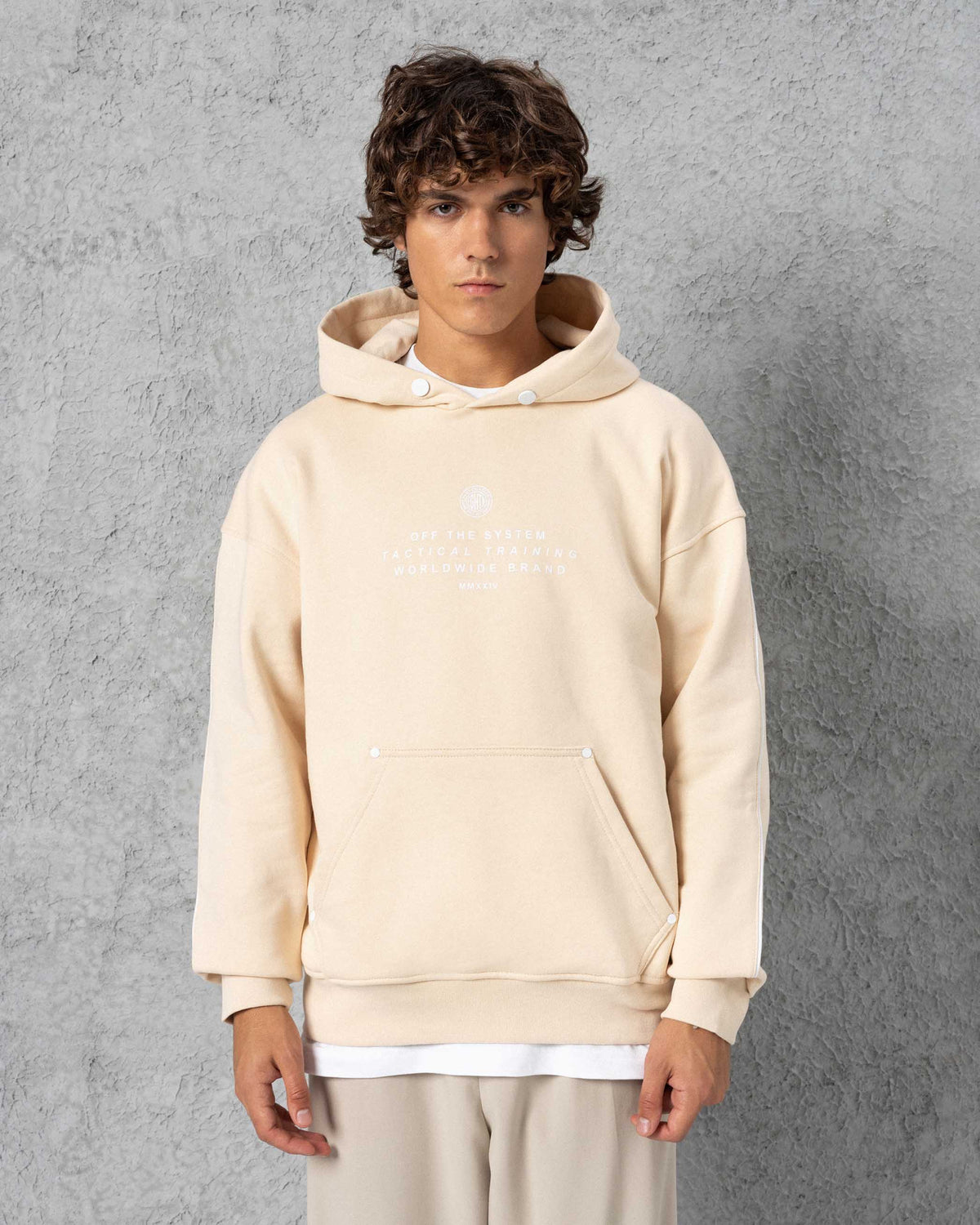 Snap-Button Trimmed Hoodie Beige