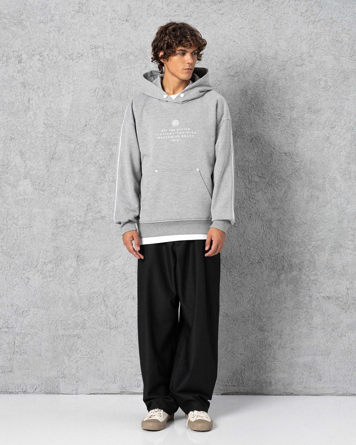 Snap-Button Trimmed Hoodie Grey