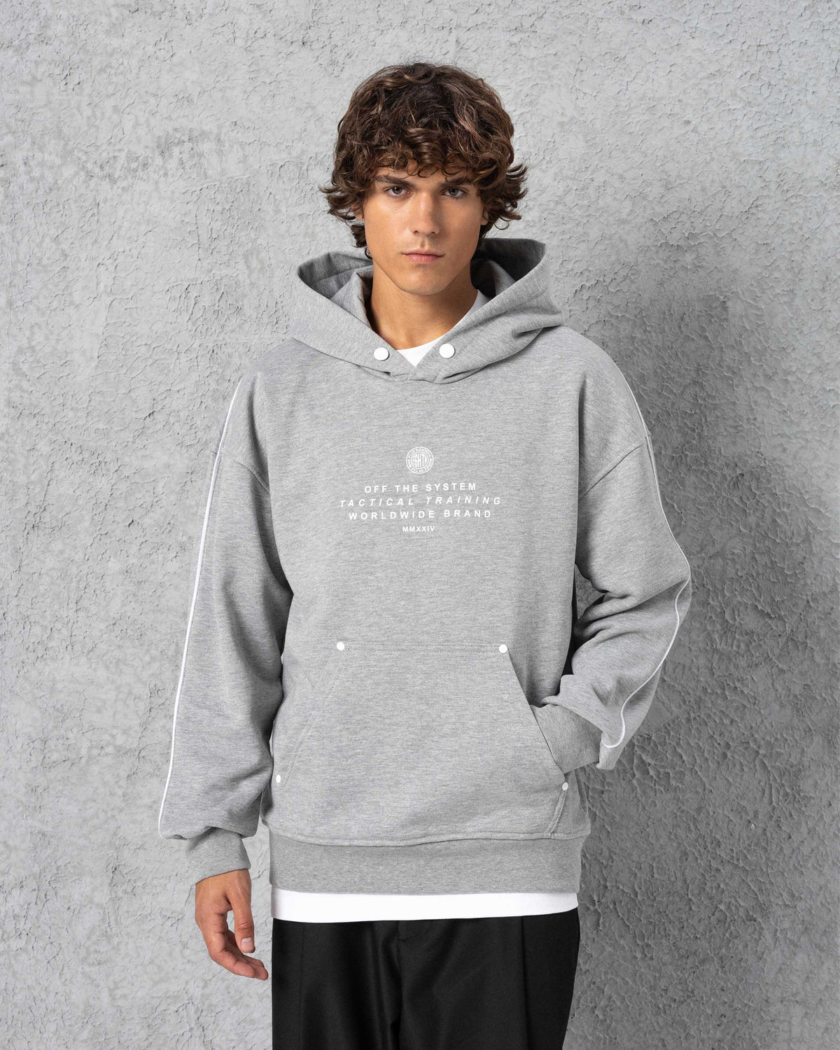 Snap-Button Trimmed Hoodie Grey