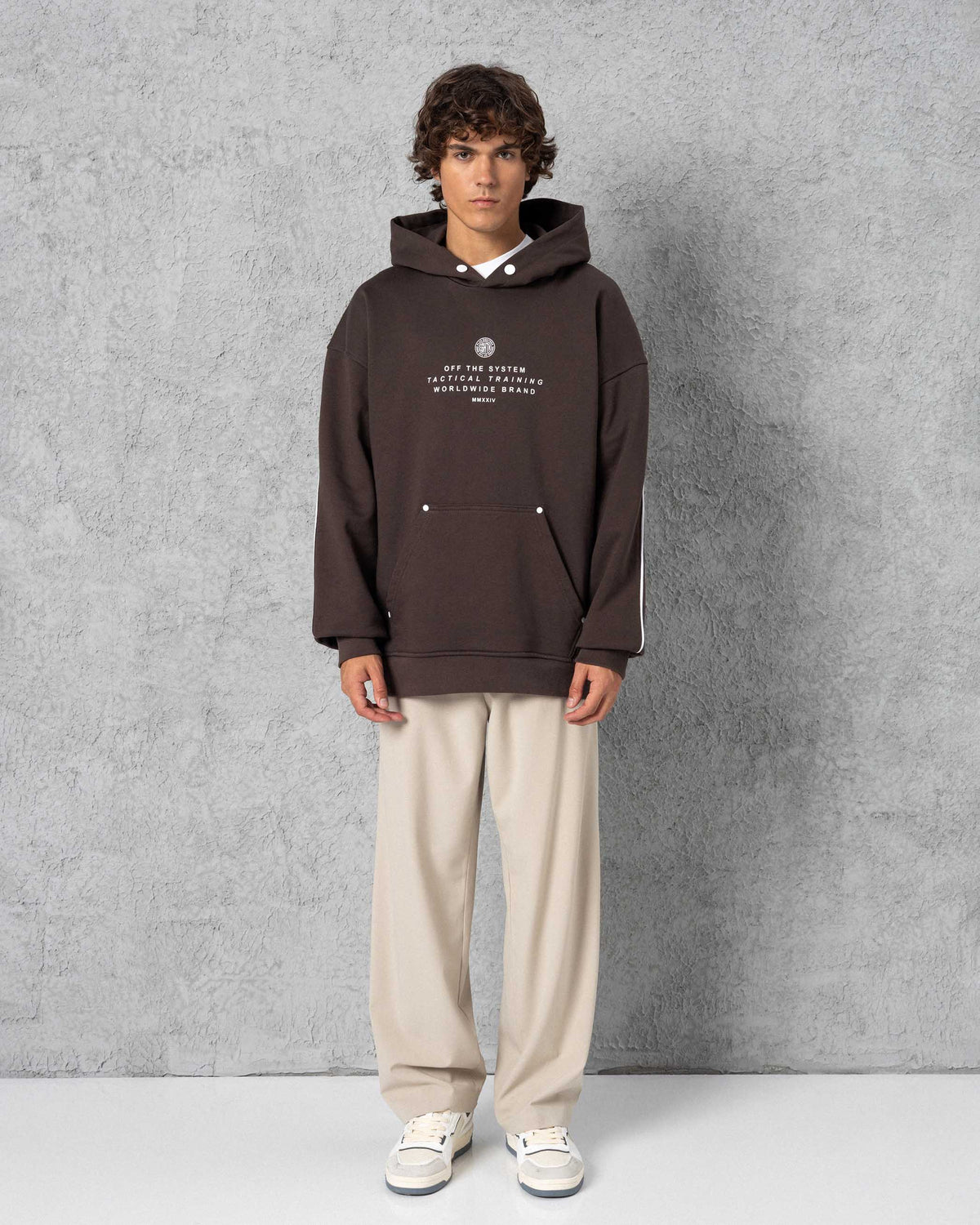 Snap-Button Trimmed Hoodie Brown
