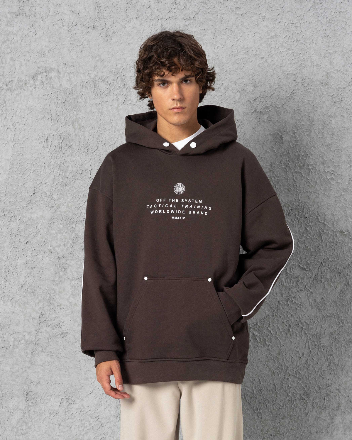 Snap-Button Trimmed Hoodie Brown