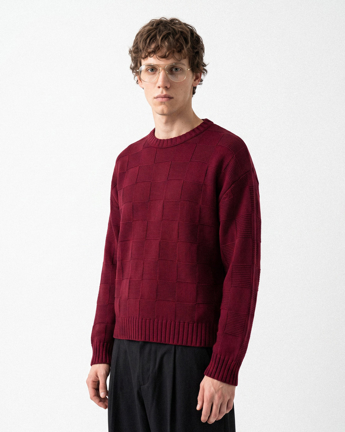 Kare Desenli Triko Bordo - TR-9766